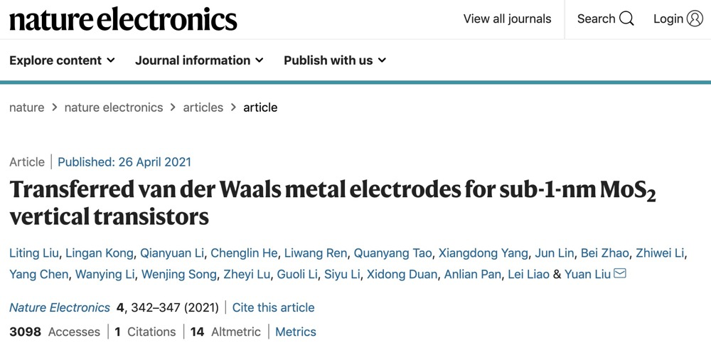 湖南大学让晶体管小至3纳米，沟道长度仅一层原子 | Nature子刊